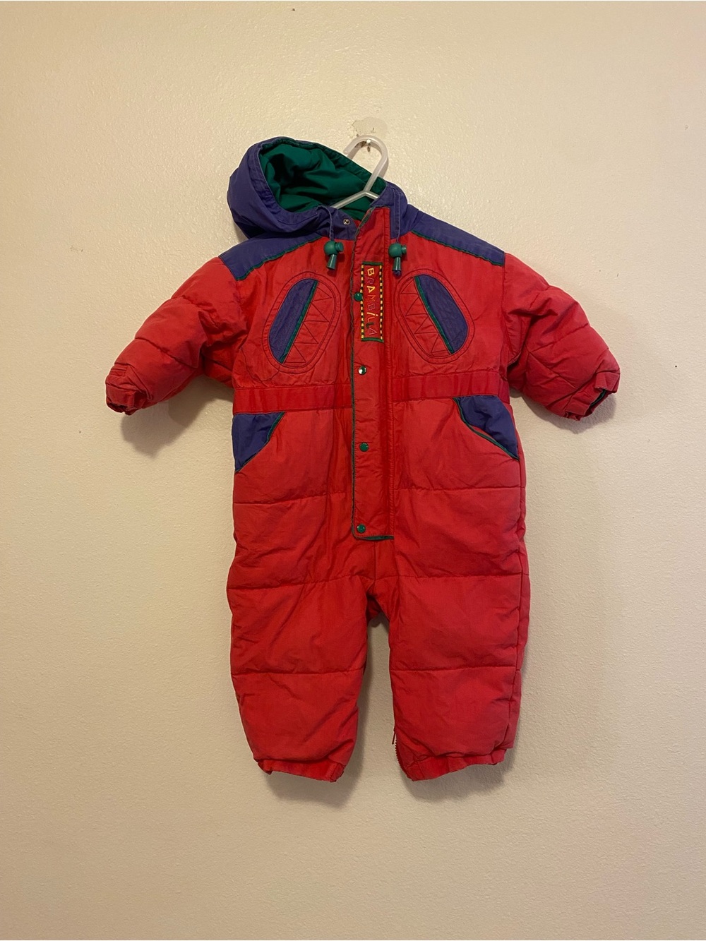 Vintage Down Feather Cotton Red and Purple Infant Snowsuit